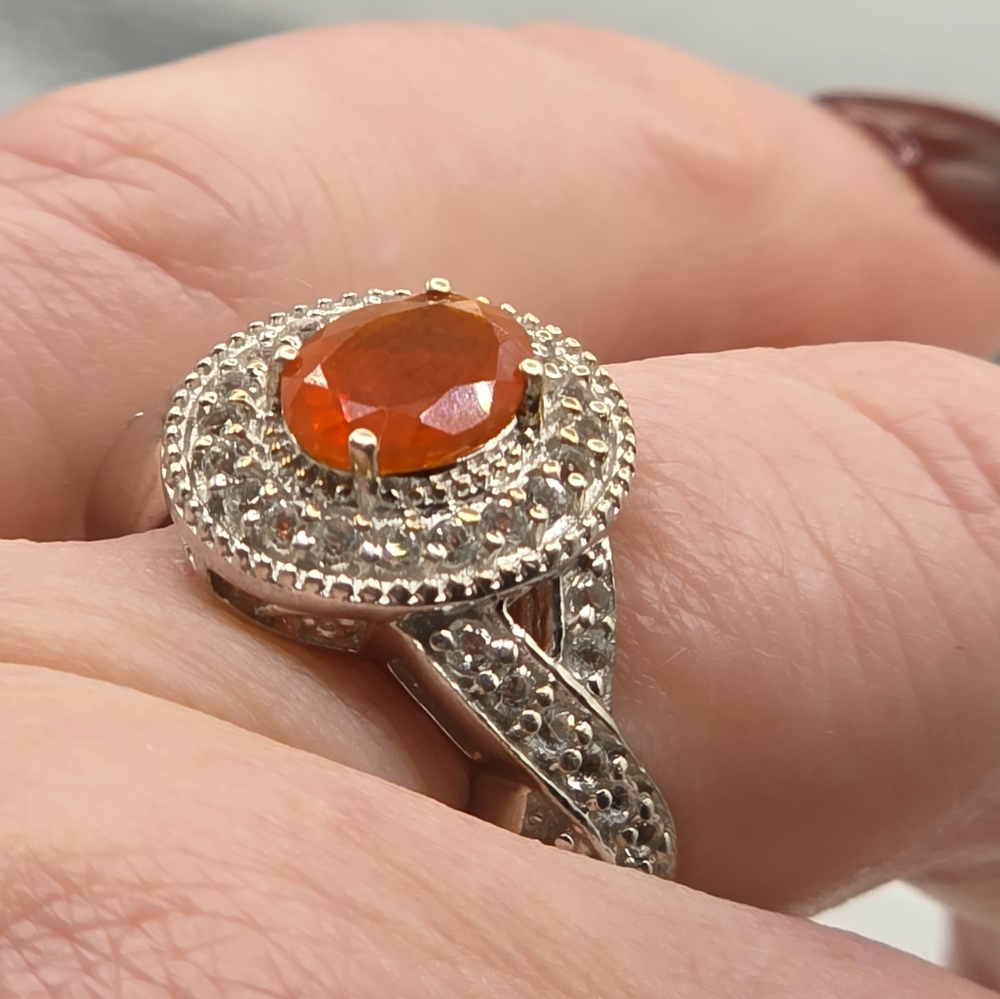 Designer Signed Mexican Fire Opal And White Topaz Halo Ring - Picture 7 of 8